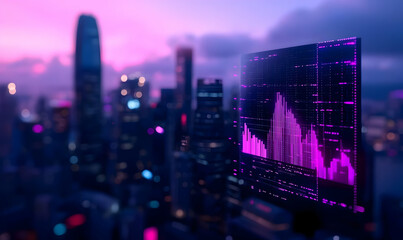 Futuristic City Skyline with Vibrant Data Visualization Overlay