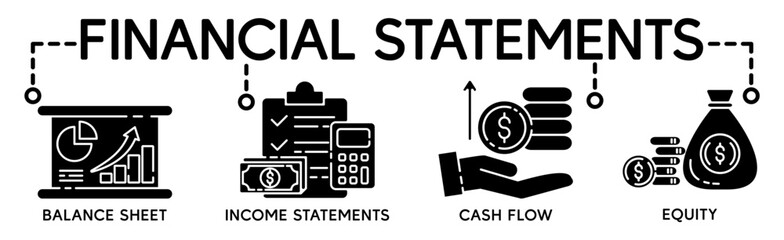 Financial statement banner web icon for business organization, profit, loss, income statement, balance sheet, cash flow and equity. Minimal vector cartoon infographic.