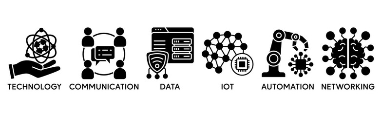 Digital Transformation banner web icon in futuristic, ai, technology, communication, iot, automation and cloud computing. Minimal vector infographic.