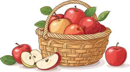 Apples in wicker basket with Apple Slice in Isolated background, Red Apple Illustration vector design