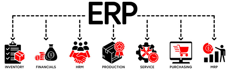 Banner of erp web vector illustration concept enterprise resource planning with icons of inventory, financials, hrm, production, service, purchasing, mrp
