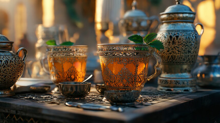 Close up of traditional Moroccan tea with fresh mint leaves, moroccan, tea, mint, fresh, leaves, drink, beverage, close up