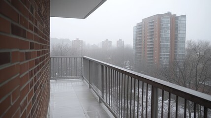 Fototapeta premium Snowy apartment balcony overlooking city buildings