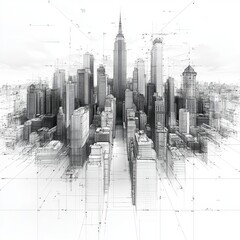 Futuristic Architectural Concept of a City Skyline Featuring Iconic Buildings in Black and White with Technical Drawings and Wireframe Elements