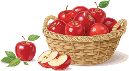 Red Apples in wicker basket with Apple Slice in Isolated background, Red Apple Illustration vector design