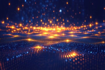 Obraz premium Light patterns create a mesmerizing effect on a digital landscape during a nighttime display of shimmering colors. Generative AI