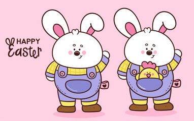 easter bunny with chick kawaii animal cartoon