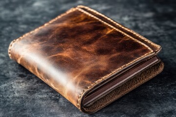 Rustic brown leather wallet, handcrafted details. Perfect for showcasing vintage, handmade goods, ideal for e-commerce.