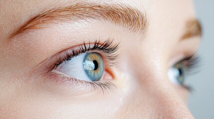 Obraz premium Close-up of woman's eyes looking away, gray background, beauty concept