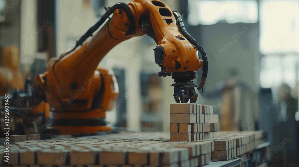 Poster orange robotic arm precisely places brown bricks in factory setting work blocks system modern future