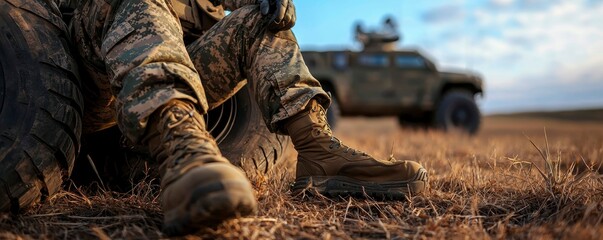 Soldier Resting Boots on Tire in Field with Military Vehicle during Deployment