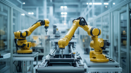 Fototapeta premium Modern industrial robotic arms automation factory technology line work metal smart future system