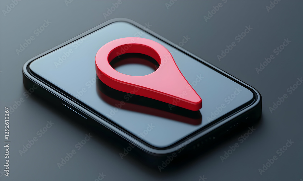 Poster red location marker on smartphone screen in minimalist style