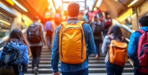Back View of Commuters Walking Up Steps With Backpacks During Rush Hour in Public Transport