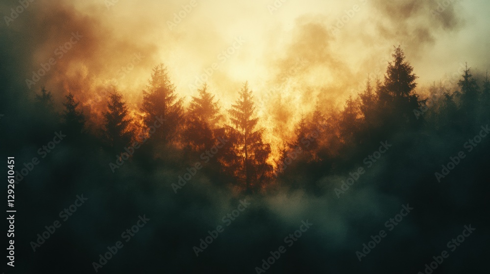 Poster forest fire raging with bright flames and thick smoke creating a dramatic atmosphere during the even