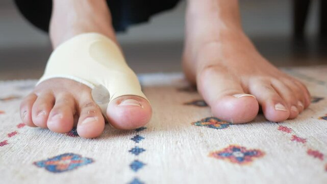 Foot care and treatment for bunion pain at home in cozy living room