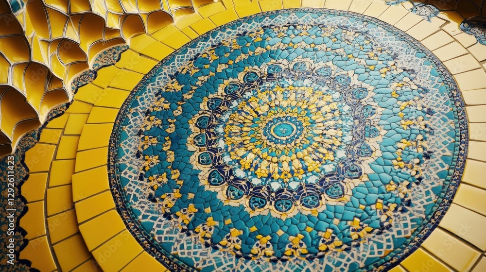 Poster ornate mosaic pattern featuring vibrant blue and yellow tiles in circular design with intricate deta