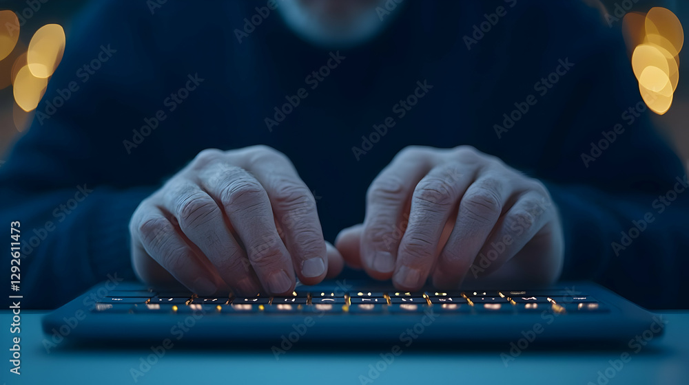 Poster Focused Hands Typing on a Backlit Keyboard in Dim Light Setting