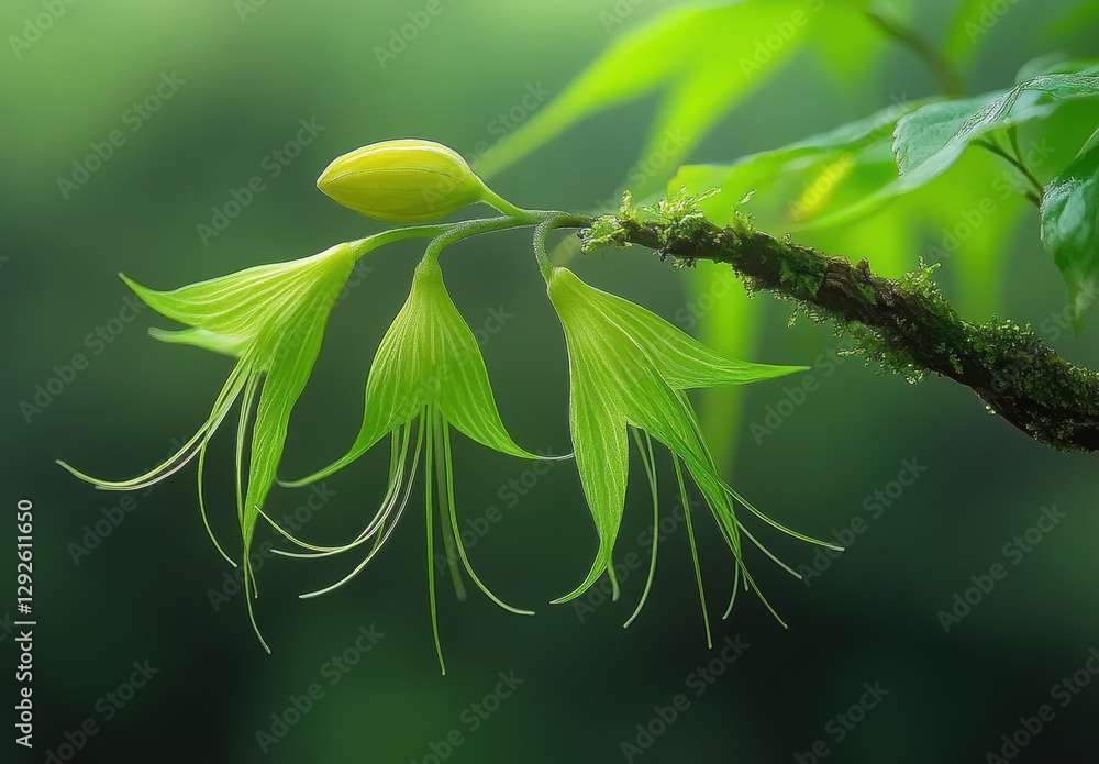 Poster delicate green leaves with fine filaments on a branch in soft natural light, creating an ethereal fo