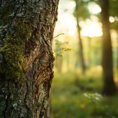 Obraz premium Moss-covered tree trunk in sunlit forest