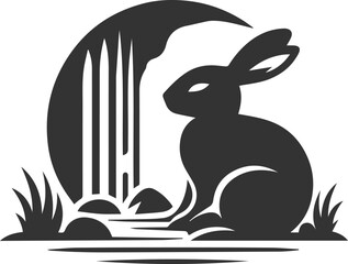 Rabbit playing near a small waterfall animal vector silhouette