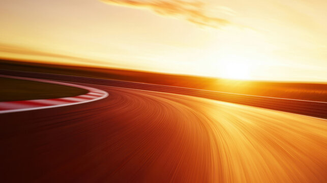 breathtaking panoramic view of race track at sunset, showcasing vibrant colors and motion