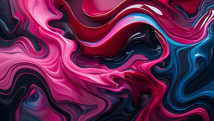 Fototapeta premium Vibrant swirls of pink, red, and blue intertwine in an abstract pattern, resembling flowing liquid or smoke, creating a dynamic and colorful composition.