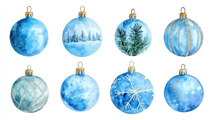Cute Blue Ornaments: Watercolor Christmas Tree Snowflakes Festive Winter Clipart