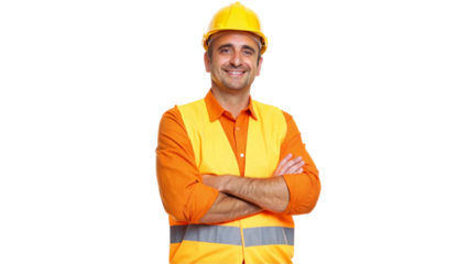 Portrait of a smiling male labor worker, standing confidently with arms crossed in a proud and approachable pose. He is wearing a bright yellow shirt, orange safety vest, and a sturdy safety helmet