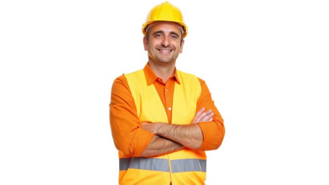Portrait of a smiling male labor worker, standing confidently with arms crossed in a proud and approachable pose. He is wearing a bright yellow shirt, orange safety vest, and a sturdy safety helmet