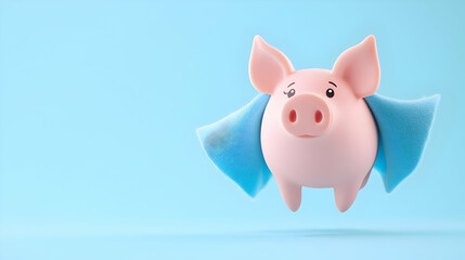 Cute Pig Character in Superhero Cape Flying on Light Blue Background
