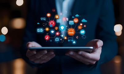 Digital Communication Concept with Social Media Icons on Tablet