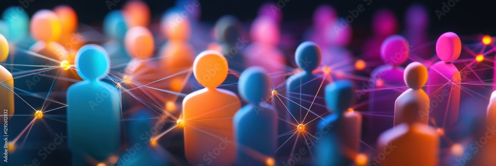 Poster colorful 3d avatars connected by glowing network lines create a vibrant digital social media landsca