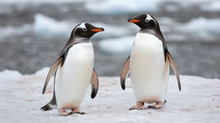 Obraz premium Two Gentoo Penguins on an Icy Shore in Antarctica Landscape