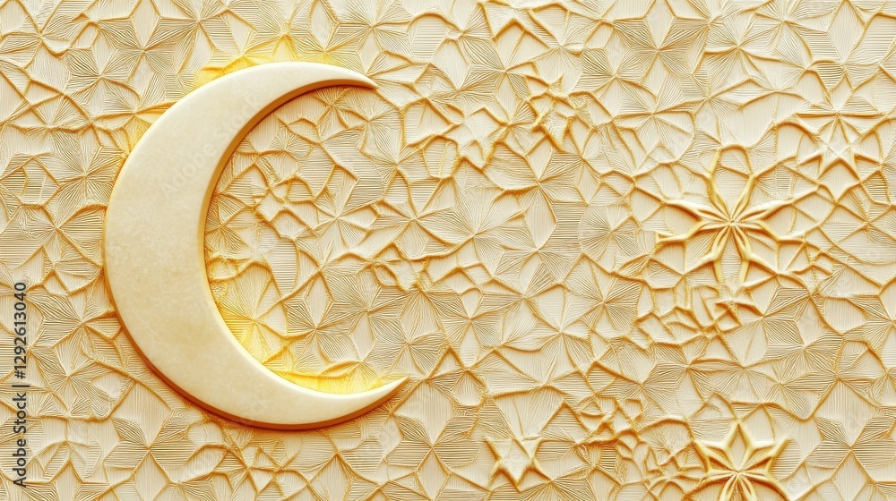 Poster elegant crescent moon on textured golden background with intricate floral patterns and soft light hi