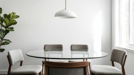 Minimalist Dining: Glass Table Chairs Pendant Light and Indoor Plant