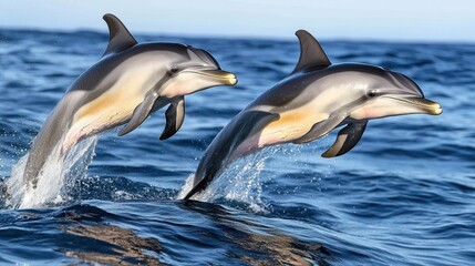 Fototapeta premium Playful Dolphins Jumping Above Ocean Surface in Beautiful Seascape