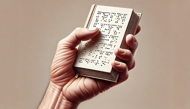 Illustration of a hand holding a braille book, symbolizing accessibility for the visually impaired.Generative AI