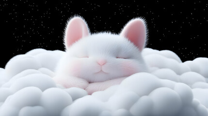 Sleeping Cute White Bunny Resting on Soft Fluffy Clouds