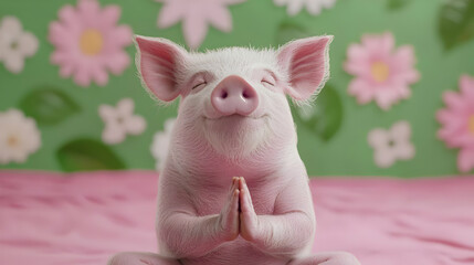 Cute Pink Piglet Smiling with Praying Gesture and Floral Background