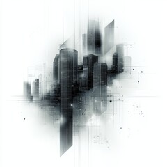 Abstract cityscape illustration with geometric shapes and urban elements in black and white tones, representing modern architecture and technological advancement