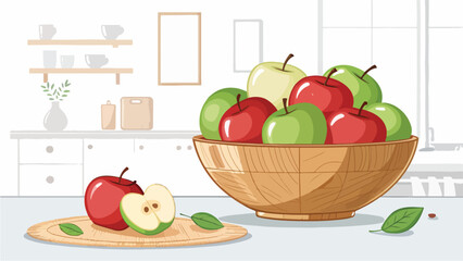 Apple Illustration vector design. Apples in wooden bowl with Apple Slice in Kitchen, 