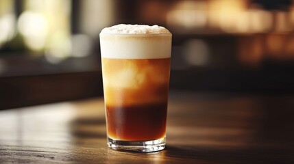 Iced cold brew coffee with foam on wooden table in warm sunlight. Refreshing beverage concept