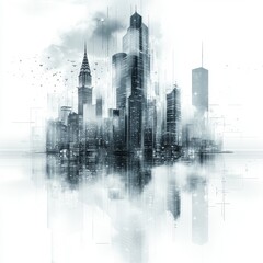 Fototapeta premium Futuristic Cityscape with Reflections and Abstract Elements Depicting Modern Architecture in a Cloudy Atmosphere