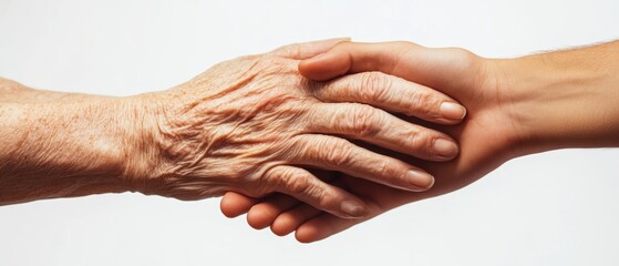 Fototapeta premium Older Wrinkled Hand & Youthful Hand: Generational Care