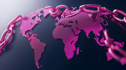 Global Connections in Pink Chains Over a Dotted World Map Design