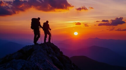 Silhouette of a hiker against a dramatic sunset on a summer mountain peak, ultimate adventure moment