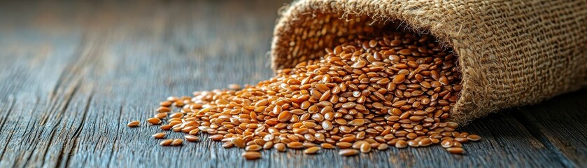 Naklejka premium Flax Seed Grain Overflowing from a Burlap Sack on a Rustic Wooden Tabletop Surface Display