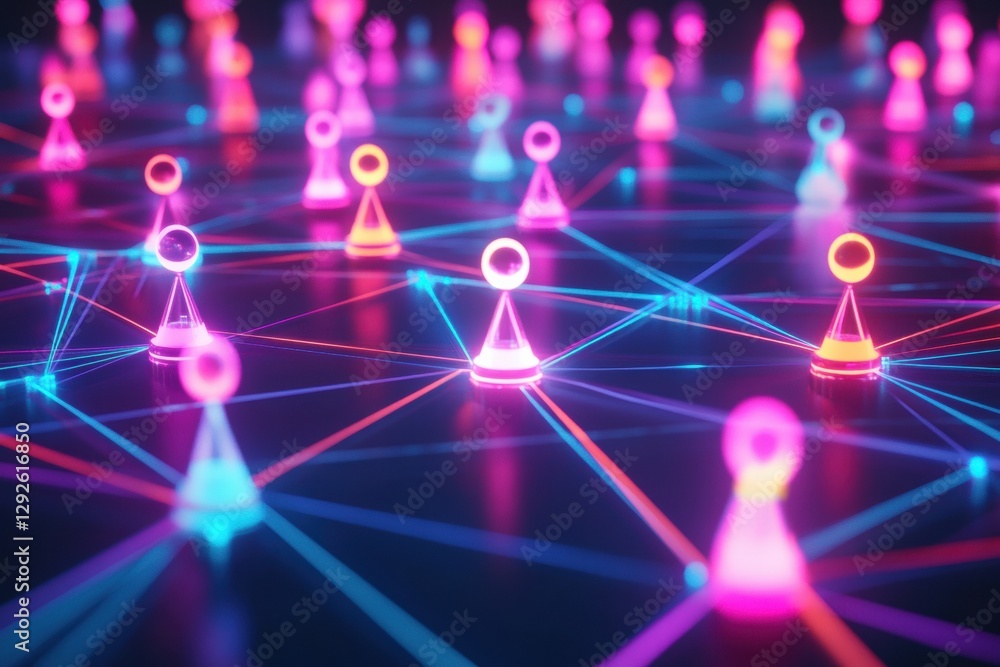 Poster Futuristic digital network featuring diverse 3D avatars connected by glowing neon lines in a vibrant setting. Generative AI