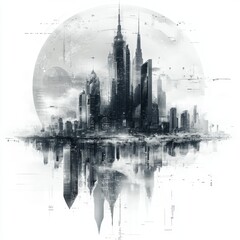 Fototapeta premium Futuristic Cityscape with Skyscrapers and Reflective Water Surfaces in a Monochromatic Artistic Style